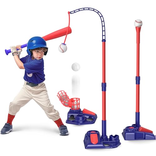 Rot 3-in-1-Baseball-Tee-Ball-Set für Kinder, Pitching Machine/verstellbares Batting Tee/einziehbarer Baseballschläger, T-Ball-Ständeranzug für draußen, Sportspielzeug-Geschenke für Jungen Mädchen 3+ von Mytrix