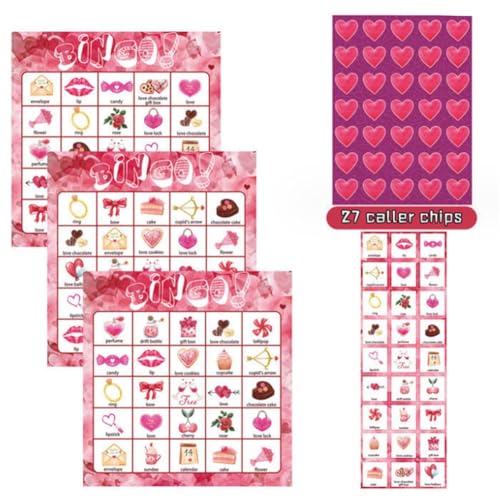 Mzpeldxk Valentinstag-Bingo-Spielkarten, 24 Spieler, Ersatzzubehör für Kinderparty-Kartenspiele, Schulklassenspiele, Liebespartyzubehör von Mzpeldxk