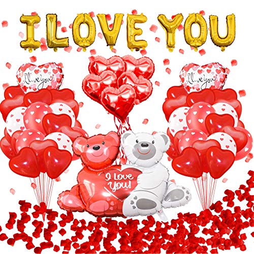 Mzpeldxk You Luftballons mit Paar Teddy Ballon Luftballons Kit mit BläTtern Valentine Hochzeit Party Dekor Kit von Mzpeldxk