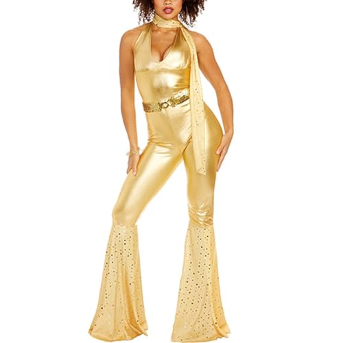 Mzshne Damen 70er Jahre Hippie Kostüm Disco Jumpsuit Disco Puppe Halloween Kostüm für 1970er Jahre Disco Motto Geburtstagsparty von Mzshne