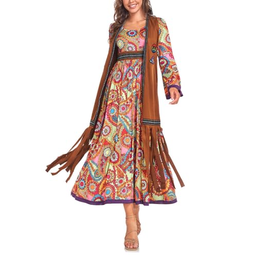 Mzshne Hippie-Kostüm für Damen, 60er und 70er Jahre, mit Stirnband, Boho-Stil, lange Ärmel, Bohemian-Kleid für Halloween-Fotografie von Mzshne