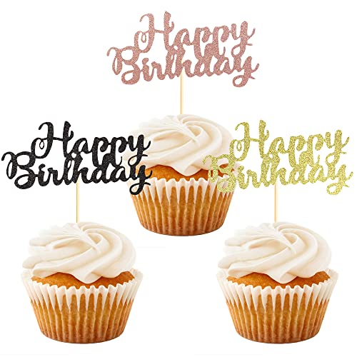 Siipoo Cupcake-Topper "Happy Birthday", Schwarz / Gold / Rotgold, verschiedene Farben, 36 Stück von N\A