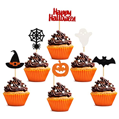 Unimall 24 Stück Halloween Cupcake Topper Happy Halloween Spinne Kürbis Geist Fledermaus Hexenhut Cupcake Picks Baby Shower Geburtstag Halloween Motto Party Kuchen Dekorationen, mehrfarbig von N\A