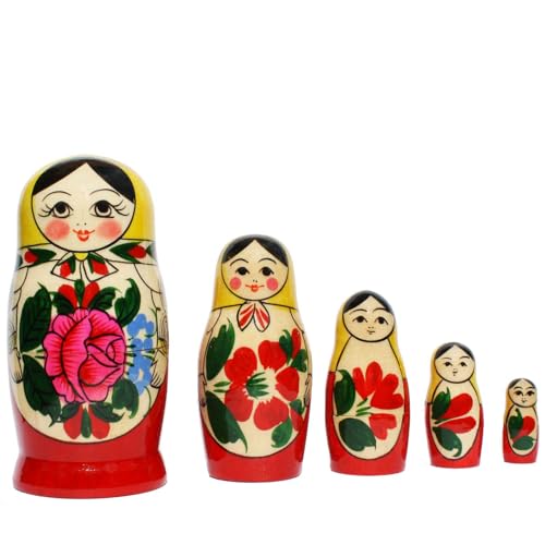 N_FROMM Matroschka Semenovskaya Babuschka Puppen russische Matrjoschka Original Klassisch Gelbes Tuch Set aus 5 Holzpuppen in Höhe 11cm von N_FROMM