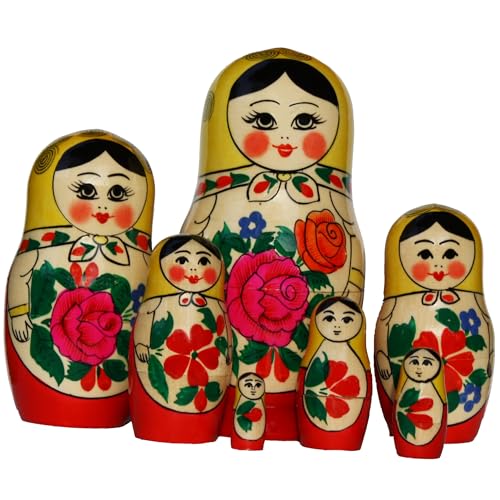 N_FROMM Matroschka Semenovskaya Babuschka Puppen russische Matrjoschka Original Klassisch Gelbes Tuch Set aus 7 Holzpuppen in Höhe 17cm von N_FROMM