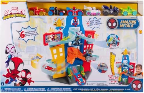 Spidey and his Amazing Friends 24 Zoll Amazing Metals City Track Set: mehrstufiges Spielset mit 2 Rennstrecken und 6 Die-Cast Fahrzeugen inklusive + Geschenkanhänger von NAEM