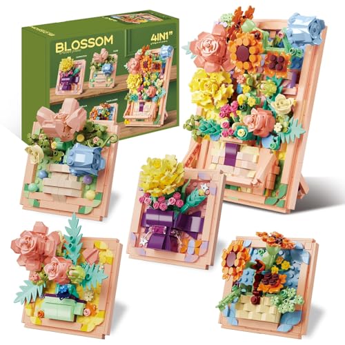 Blumen Botanical Collection Bauset – 4-in-1 künstliche Blumen-Bilderrahmen Rose Sonnenblume Pflanze Home Office Dekor Kunst Handwerk Ideen Valentinstag Geburtstag Geschenk Bauspielzeug für Jungen von NAFONRU