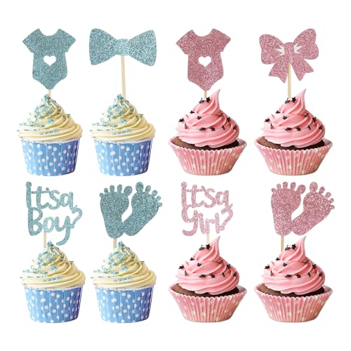 24 Stück Tortendeko Babyparty Boy or Girl Gender Reveal Party Deko, Glitter Blau und Rosa Gender Reveal Cupcake Topper, Muffin Deko, Cupcake Deko für Jungen Mädchen Baby Shower Geburtstag von NAIKUDAGE