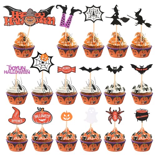 44 Stück Halloween Cupcake Toppers, Spinnen, Fledermäuse, Kürbisse, Hexen, Gespenster Halloween Dekoration Topper, Glitter Halloween Cupcake Dekorationen für Halloween-Partys, Kindergeburtstage von NAIKUDAGE