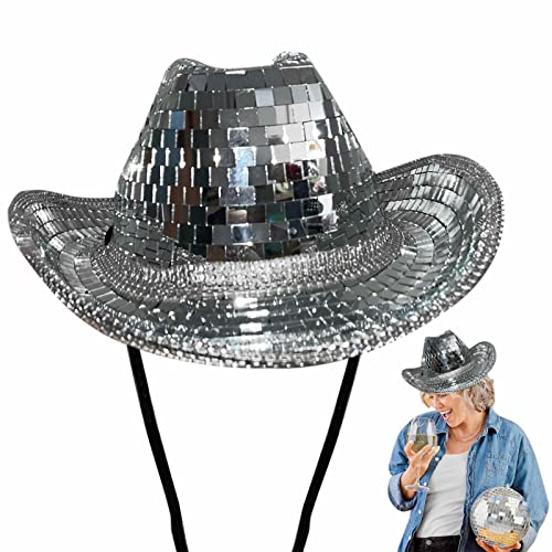 NAIXUE Disco Ball Cowboy Hut, Silber Pailletten Cowboy Hut, Spiegel Ball Disco Cowboy Hut, Glitzer Spiegel Disco Bucket Hat, Neon Glitzer Cowgirl Hüte, Bachelor Atemberaubende Hut für Frauen Herren von NAIXUE