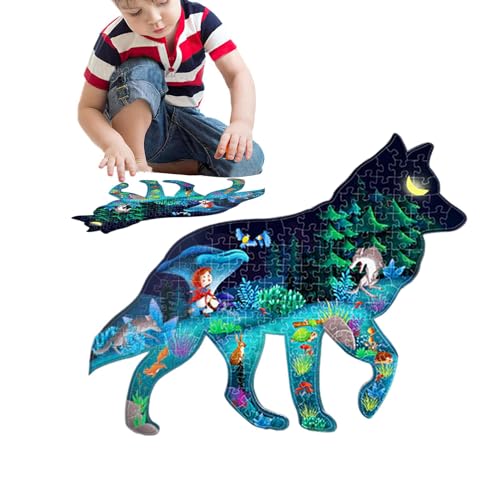 Leuchtendes Puzzle für Kinder,Leuchtendes Puzzle im Dunkeln,Lustiges zusammengebautes Wolf-Puzzle | Lernpuzzle „Kleines Mädchen und der Wolf“, 156 Teile, großes Puzzle für Kinder im Alter von von NAIYAN