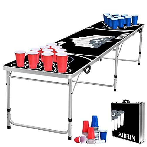 NAIZY Bierpong Tische für Partys Beer Pong Tisch inkl.100 Becher (50 Rot & 50 Blau), 5 Bälle, Premium Höhenverstellbar Bierpong-Tisch aus Aluminium und MDF - 242 x 62 cm Schwarz von NAIZY