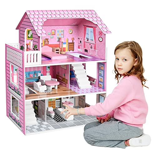 NAIZY Kinder Puppenhaus Holz Haus 70x60x24cm Puppenstube Set Rosa 3 Etagen Playmobil Dollhouse mit Möbeln & Zubehör Puppenvilla DIY Wohnmobil Haus Traumvilla, für Mädchen und Jungen (Typ A) von NAIZY