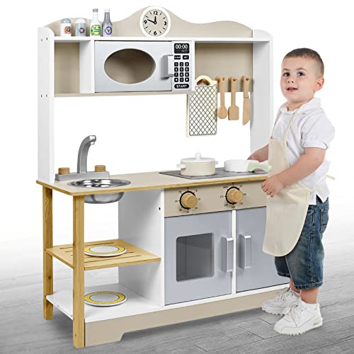 NAIZY Kinderküche Holz Spielküche 85x65x24cm Puppenküche Set Playmobil Kinder Küche mit Zubehör wie Mikrowelle, Backofen, Spüle, Kochgeschirr und Gewürze DIY Spielzeugküche, für Mädchen und Jungen von NAIZY