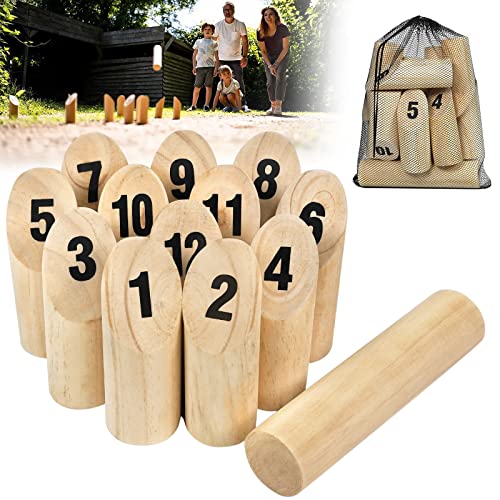 NAIZY Kubb Wikingerspiel Wurfspiel Set Kubball Spiel Geneigter Kubbspiel aus Holz das Zahlen Sportspielzeugset für draußen mit 12 Digitaler Kegelzylinder + 1 Wurfzylinder für Kinder & Erwachsene von NAIZY