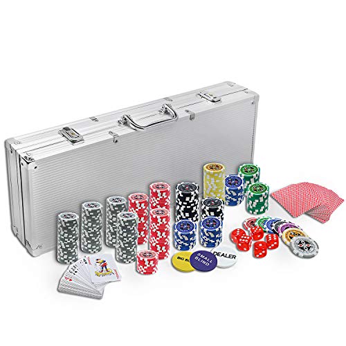 NAIZY Laser Pokerchips 500 Chips Pokerkoffer 12 Gramm Metallkern, inkl. 2X Pokerdecks, 5X Würfel, Dealer Button, Big Blind, Little Blind, Poker-Set mit Silber Aluminium Gehäuse - Silver von NAIZY