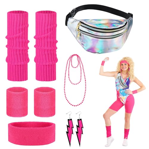 80er Jahre Accessoires Outfit Damen, 80er Jahre Bauchtasche Stirnband Neon, Beinwärmer, Armbänder, Stirnband Brille und Ohrring 80er Jahre Kleidung Damen Set für Fasching Karneval Thema (Rosarot) von NAMIS