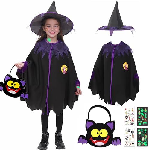 Halloween Umhang Kinder, Halloween Kostüm Kinder Mädchen, Hexenkostüm Mädchen mit DIY Halloween Tüten, Lila-Schwarz Hexenumhang Kinder mit Hexenhut für Fasching Karneval Party 3-10 Jahre 100-140cm von NAMIS