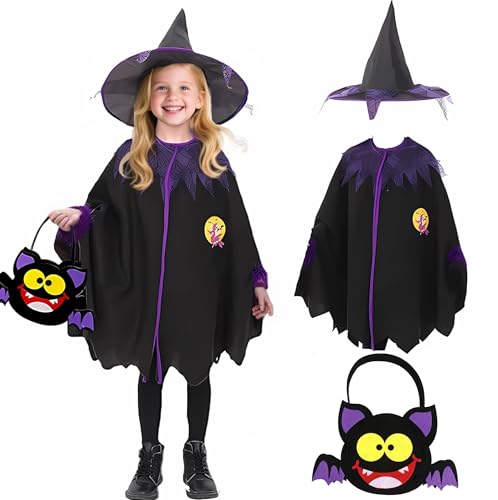 Halloween Umhang Kinder,Hexenkostüm Mädchen mit DIY Halloween Tüten,Halloween Kostüm Kinders Mädchen, Lila-Schwarz Hexenumhang Kinder mit Hexenhut für Fasching Karneval Party 3-10 Jahre 95-110cm Halloween Umhang Kinder,Hexenkostüm Mädchen mit DIY Halloween Tüten,Halloween Kostüm Kinders Mädchen, Lila-Schwarz Hexenumhang Kinder mit Hexenhut für Fasching Karneval Party 3-10 Jahre 95-110cm von NAMIS