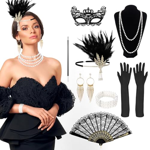 NAMIS 10 Stück 20er Jahre Gatsby Accessoires Damen, 20er Jahre Kostüm Damen, Charleston Accessoires Damen, Peaky Blinders Kostüm Damen Great Gatsby Thema Party Zubehör für Karneval Halloween von NAMIS