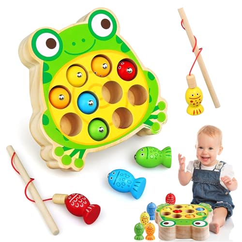 NAMIS Holzspielzeug ab 1 Jahr, Montessori Magnetisches Angelspiel Holzspielzeug, Holz Angelspiel, Motorikspielzeug Angel Spiel für Kinder Lernspielzeug Geschenk für ab 2 3 4 Jahre Kinder (Frosch) von NAMIS