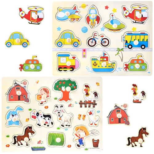 Steckpuzzle Ab 1 Jahr, 2pcs Baby Puzzle, Greifpuzzle Steckpuzzle Holz Baby Bauernhof und Greifpuzzle Fahrzeuge, Holzpuzzle 1,2,3,4 Jahr, Montessori Lernspielzeug, für Baby Junge Mädchen Geschenk von NAMIS