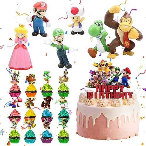 31 Stück Super Mario Toppers, 6Pcs Super Mario Figuren für Torte, 24Pcs Super Mario Kuchen Deko, 1Pcs Geburtstag Banner, Mini Figuren Tortendeko für Geburtstage Kindern Party Kuchen Dekoration von NAMIS