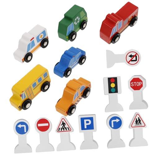 NAMOARLY 1 Set Holzfahrzeuge Mit Verkehrsschildern Lernspielzeug Für Holzspielzeug Mit 9 Verkehrszeichen Kleine Holzfahrzeug Figuren Ideal Für Kreatives Und Lernen von NAMOARLY