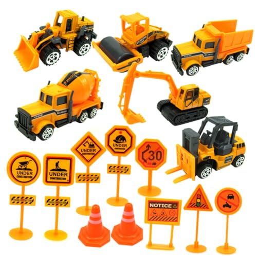 NAMOARLY 16 Stück Kinder Baufahrzeug Spielzeug Set Aus Metall Simulation LKW Modelle Mit Straßenschild Lernspielzeug Für Jungen Und ädchen Ideal Für Kreative Rollenspiele von NAMOARLY