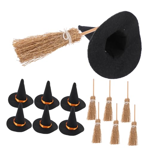 NAMOARLY 14 Teiliges Set Mini Hexenhüte Und Besen DIY Halloween Dekoration Für Bastelprojekte Kuchenverzierung Und Kreative Hexenhandwerke Kleine Filzhüte Für Halloween Deko von NAMOARLY