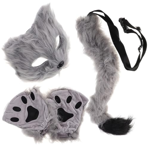 NAMOARLY Graue Furry Fox Cosplay Maske Halbe Gesichtsmaske Für Halloween Karneval Und Maskerade Tiermaske Mit Pfotenhandschuhen Für Kostümpartys Und Verkleidungen von NAMOARLY