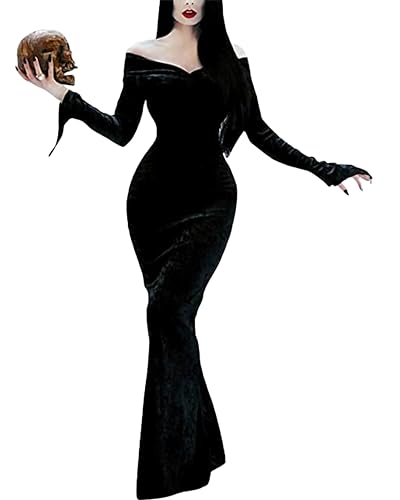 NANAMEEI Halloween Kleid Damen Gothic Renaissance Partykleid Langarm Einfarbig Halloweenkleid Carneval Kostüm Schwarz 2XL von NANAMEEI