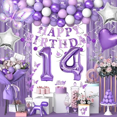 14 Lila Geburtstag Dekorationen für Mädchen Jungen, Lila 14 Geburtstag Dekorationen Schmetterling Thema Lavendel Party Dekor Set mit Schmetterlingsaufklebern und Happy Birthday Banner, Zahlenballons, von NANINUNENO