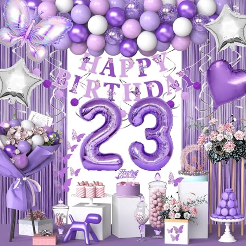 23 Lila Geburtstag Dekorationen für Frauen Mädchen, Lila 23 Geburtstag Dekorationen Schmetterling Thema Lavendel Party Dekor Set mit Schmetterlingsaufklebern und Happy Birthday Banner, Zahlenballons, von NANINUNENO