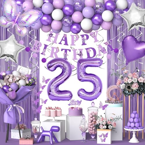 25 Lila Geburtstag Dekorationen für Frauen Mädchen, Lila Rosa 25 Geburtstag Dekorationen Schmetterling Thema Lavendel Party Dekor Set mit Schmetterlingsaufklebern und Happy Birthday Banner, von NANINUNENO