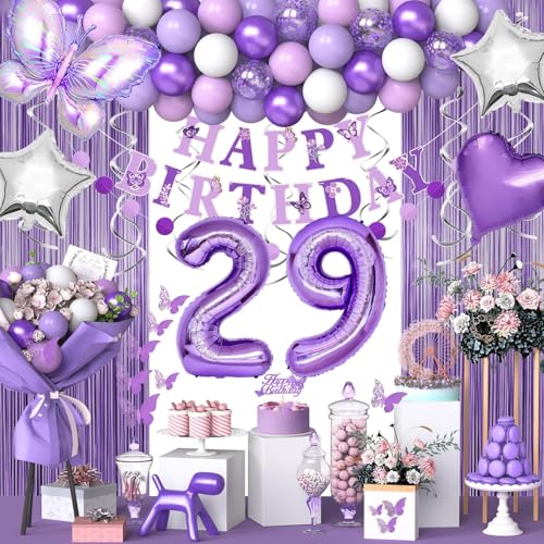 29 Lila Geburtstag Dekorationen für Frauen Mädchen, Lila 29 Geburtstag Dekorationen Schmetterling Thema Lavendel Party Dekor Set mit Schmetterlingsaufklebern und Happy Birthday Banner, Zahlenballons, von NANINUNENO