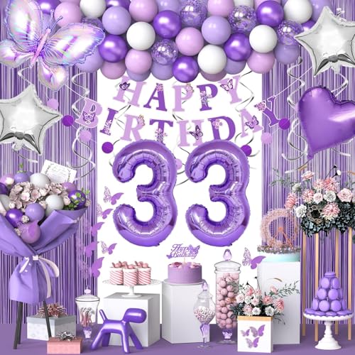 33 Lila Geburtstag Dekorationen für Frauen Mädchen, Lila Rosa 33 Geburtstag Dekorationen Schmetterling Thema Lavendel Party Dekor Set mit Schmetterlingsaufklebern und Happy Birthday Banner, von NANINUNENO