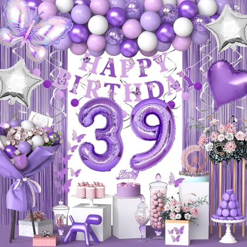 39 Lila Geburtstag Dekorationen für Frauen Mädchen, Lila Rosa 39 Geburtstag Dekorationen Schmetterling Thema Lavendel Party Dekor Set mit Schmetterlingsaufklebern und Happy Birthday Banner, von NANINUNENO