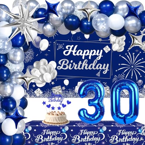 Blaue Dekorationen zum 30. Geburtstag für Sie und Ihn, 30. Geburtstag Silber und Marineblau Geburtstagsdekorationen für Männer Frauen mit Happy Birthday Hintergrund Banner Tischdecke Luftballons Bogen von NANINUNENO