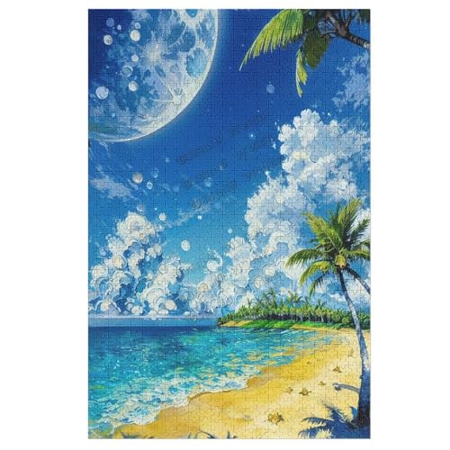 1000 Stück Landschaft Sommerpalme Schöne Strandszenen Puzzles, Sommer-Puzzles für Erwachsene ab 1000 Teile, Landschaftspuzzle-Geschenke für Erwachsene und Familien, bunte Illustration von NANVIER