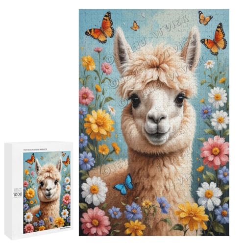 Alpaka mit Blume, Ölgemälde, 1000-teiliges Lamas-Puzzle für Erwachsene, lustiges und herausforderndes Puzzle-Erlebnis, Holz, personalisierbar von NANVIER