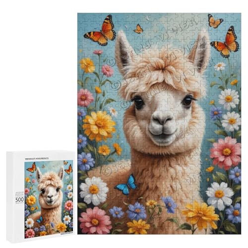 Alpaka mit Blume, Ölgemälde, 500-teiliges Lamas-Puzzle für Erwachsene, lustiges und herausforderndes Puzzle-Erlebnis, Holz, personalisierbar von NANVIER