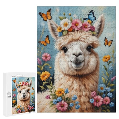 Alpaka mit Blume, Ölgemälde, 500-teiliges Puzzle für Erwachsene, Puzzle für Genuss, Holz, personalisierbar von NANVIER