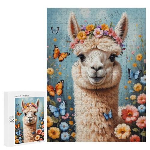 Alpaka mit Blume, Ölgemälde, 500-teiliges Puzzle für Erwachsene, perfekt für Entspannung und Genuss, Holz, personalisierbar von NANVIER