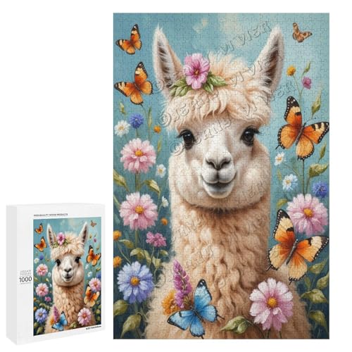 Alpaka mit Blumen-Ölgemälde, 1000 Stück, Puzzle für Erwachsene, Puzzle für Lamas-Liebhaber zum Genießen und Entspannen, Geschenk für Weihnachten, Holz, personalisierbar von NANVIER