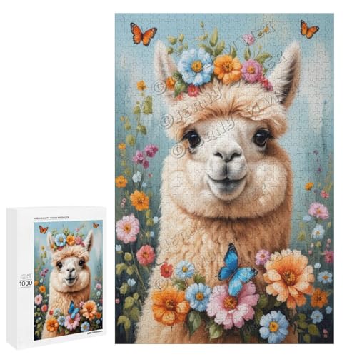 Alpaka mit Blumen-Ölgemälde, 1000-teiliges Puzzle, angenehm für Erwachsene und Lamas-Liebhaber, Holz, personalisierbar von NANVIER