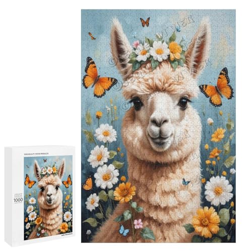 Alpaka mit Blumen-Ölgemälde, 1000-teiliges Puzzle für Erwachsene, perfekt für Entspannung und Genuss, Holz, personalisierbar von NANVIER