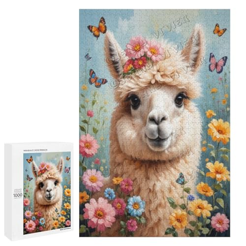 Alpaka mit Blumen-Ölgemälde, Themen-Abenteuer, 1000-teiliges Puzzle, ansprechendes Puzzle für Erwachsene, ideal für gemütliche Nächte im Holz, personalisierbar von NANVIER