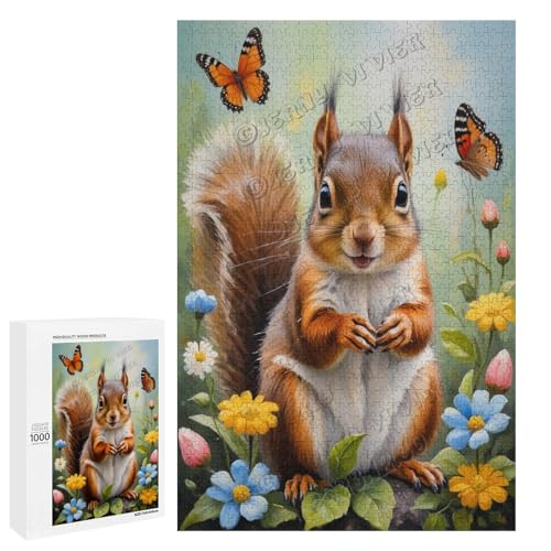 Baby-Eichhörnchen mit Blume, Ölgemälde, 1000-teiliges Puzzle für Erwachsene, Puzzle für Genuss, Holz, personalisierbar von NANVIER