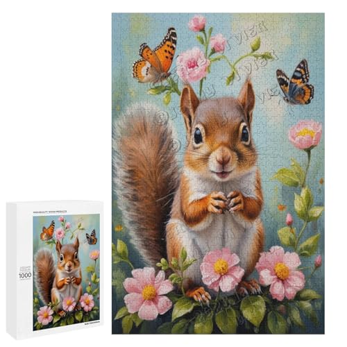 Baby-Eichhörnchen mit Blume, Ölgemälde, 1000-teiliges Puzzle für Erwachsene, eine lustige und entspannende Art, Ihre Liebe zu Eichhörnchen, Holz zu feiern, personalisierbar von NANVIER